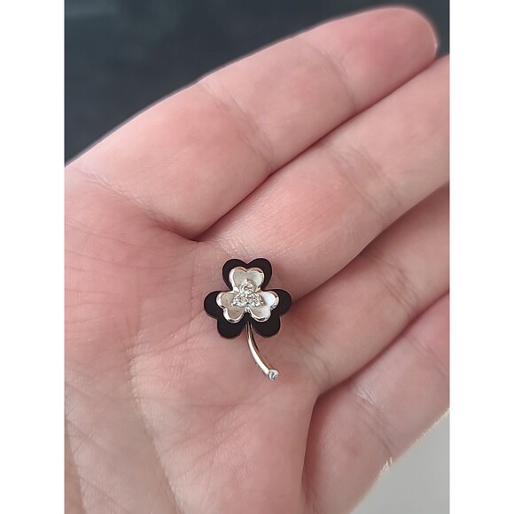 14K White Gold CZ Black Plastic Clover Pendant Vintage - Picture 3 of 10